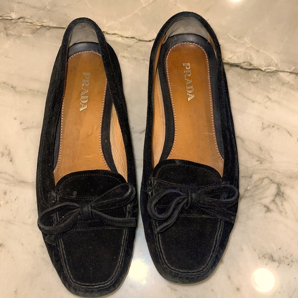 PRADA suede bow driver loafer